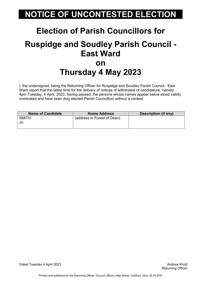Notice of Uncontested Election. R&SPC East Ward